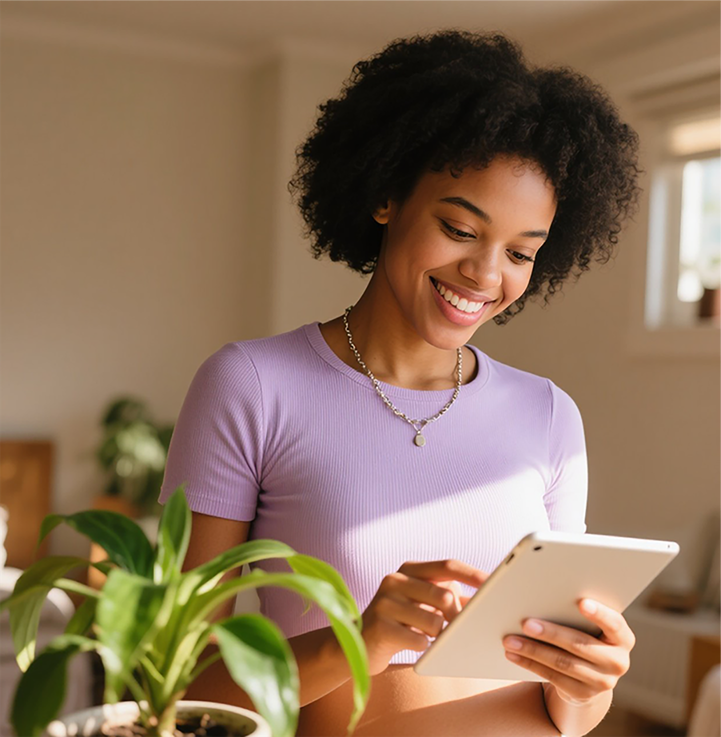 jimeng 2025 06 20 9056 一个黑人25岁女孩，穿着浅紫色紧身短袖，带着一条项链，一只手拿着ipad，一只手 - laptop bag