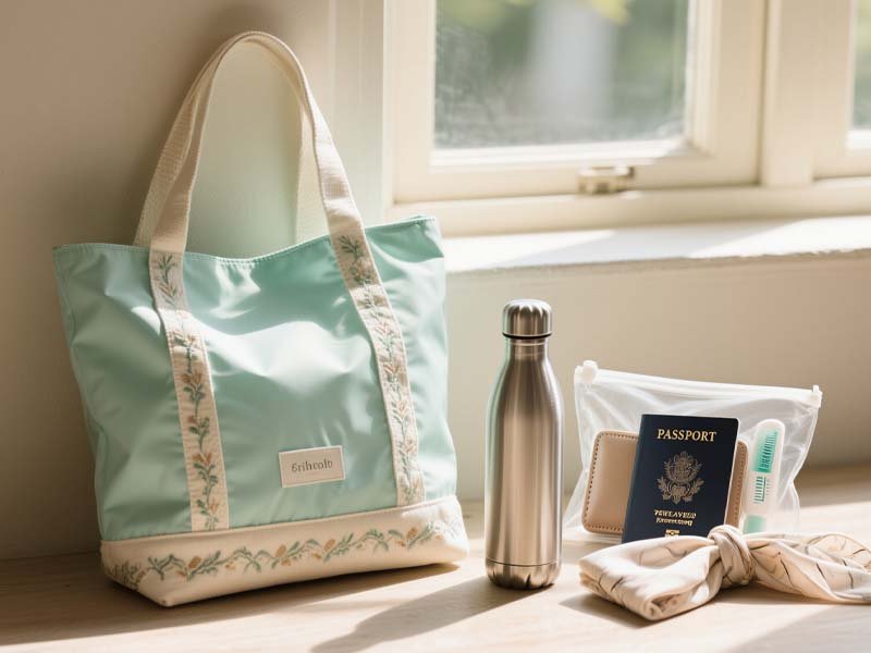 Flat lay Europe packing list with passport, travel adapter, and waterproof tote.