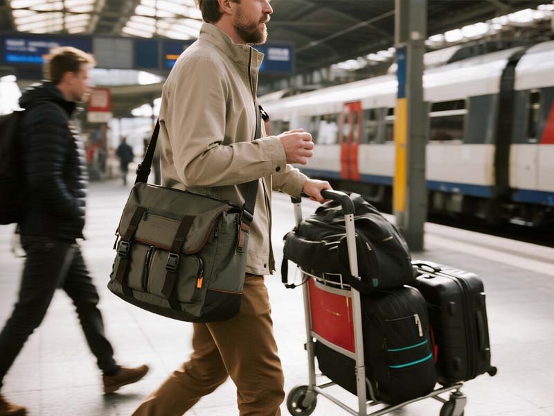 Traveler at a European train station with a convertible crossbody slung across the chest and luggage trolley.