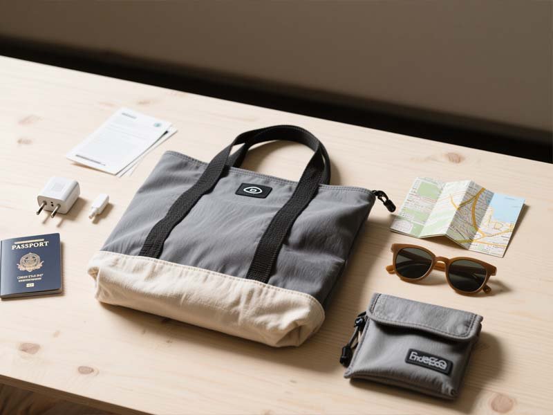 Travel essentials arranged by a window: refillable water bottle, toiletry pouch, travel wallet, and a pastel-mint custom tote.