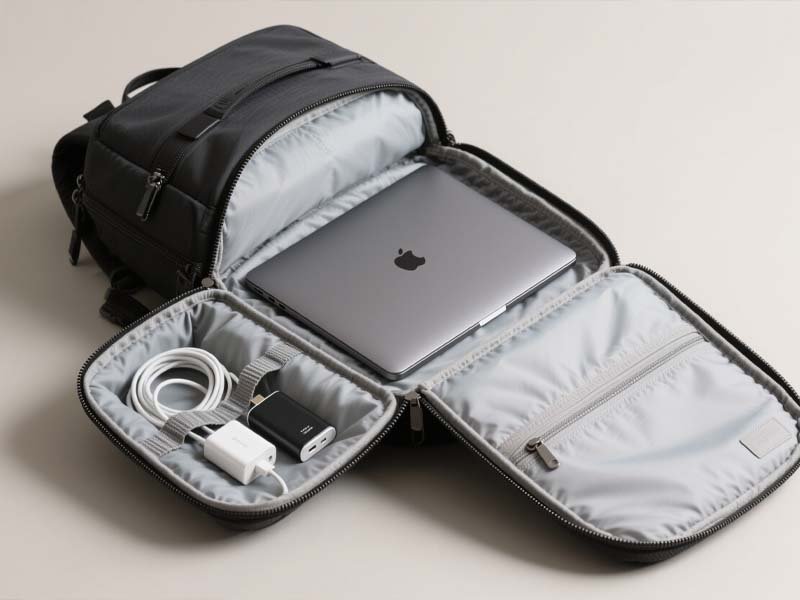 Top-down open TSA-approved laptop compartment showing padded sleeve and cable organizers.