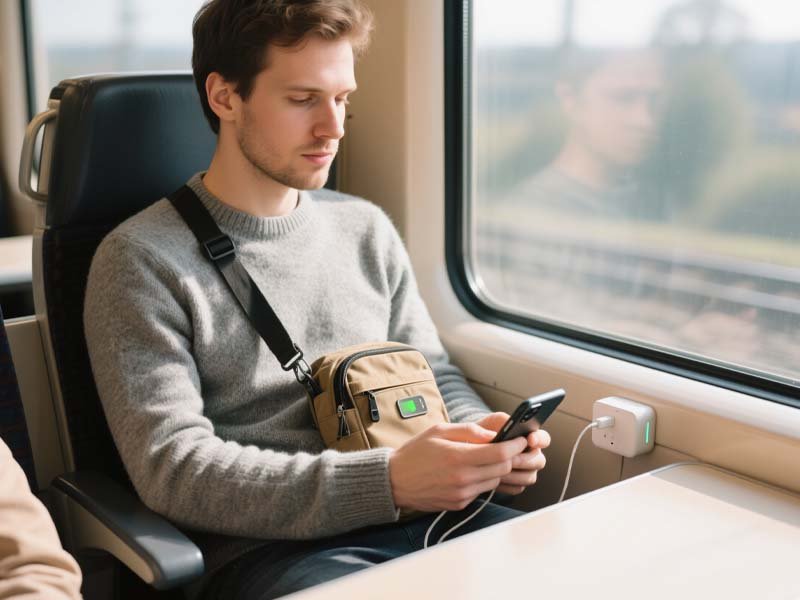 Traveler charging phone with power bank on a European train while wearing a crossbody bag.