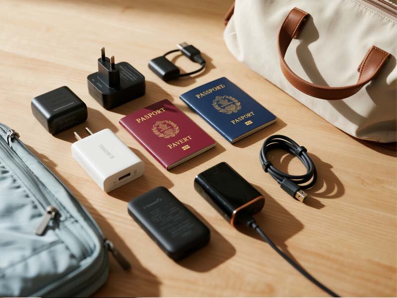 Flat lay of electronics for Europe: passport, portable charger, universal adapter, cables, and waterproof tote.