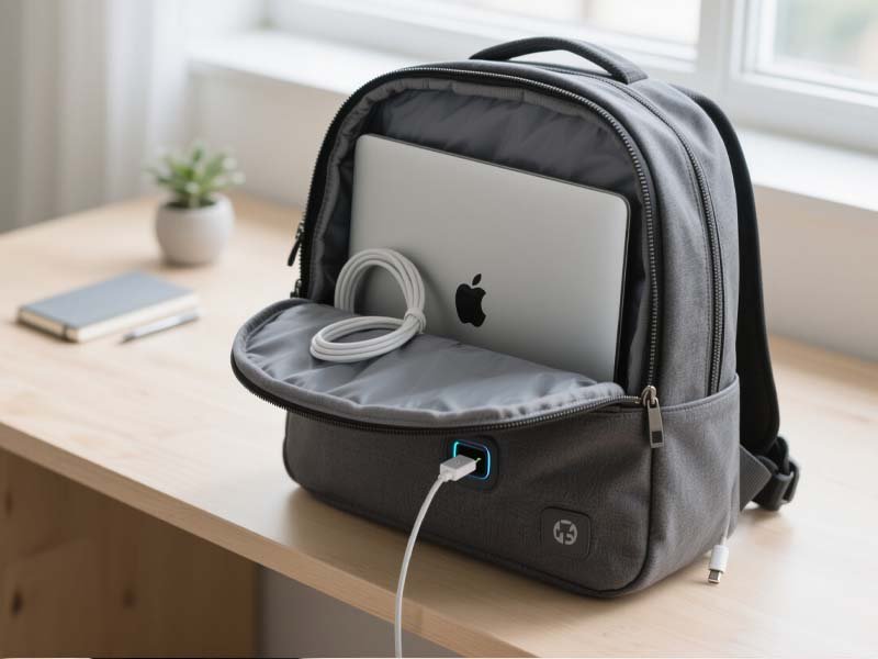 USB-charging backpack on a light wood desk with a MacBook partially visible inside.