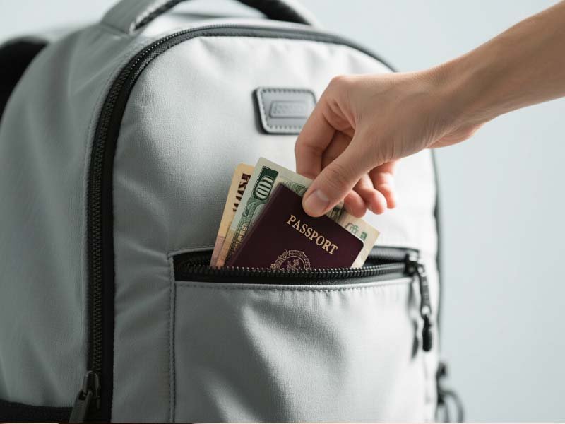 Close-up of hidden anti-theft pocket on the back panel of a travel backpack holding a passport and cash.
