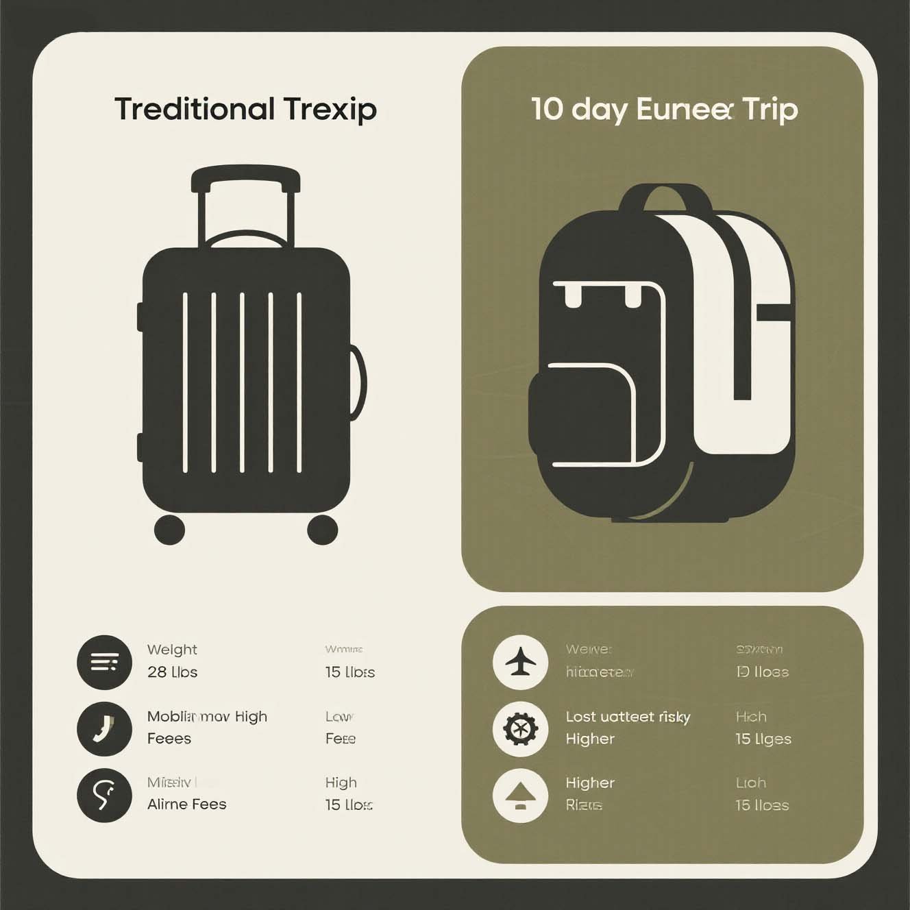 Infographic comparing Traditional Suitcase vs One Backpack for 10-day Europe trip: weight, mobility, airline fees, lost luggage risk.
