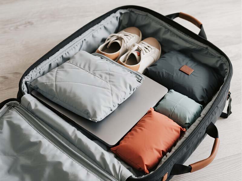 35L ergonomic laptop backpack fully packed for 10-day one-bag Europe travel on a light wood floor.