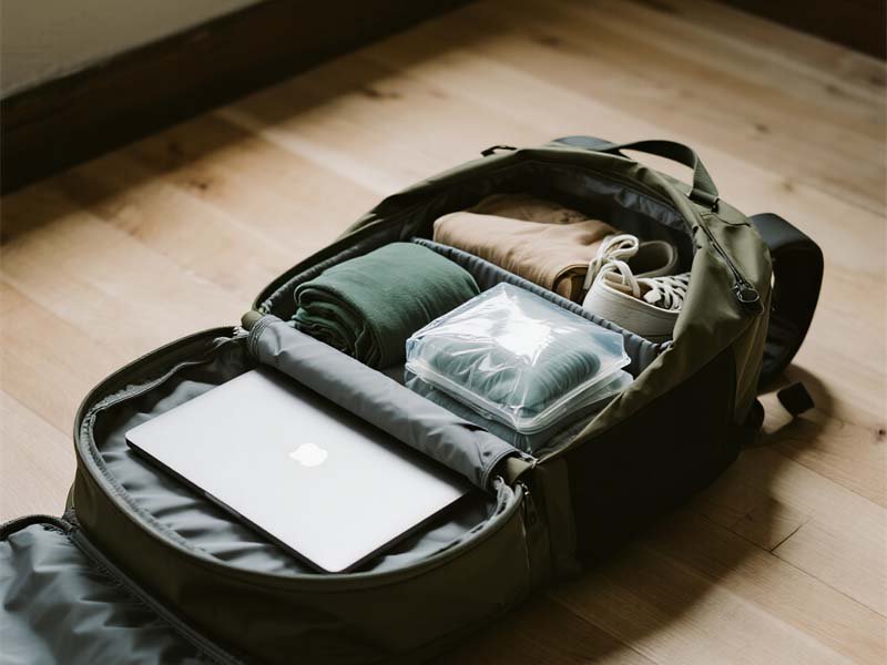 Open backpack interior showing separate shoe compartment, padded laptop sleeve, and organized compression cubes.