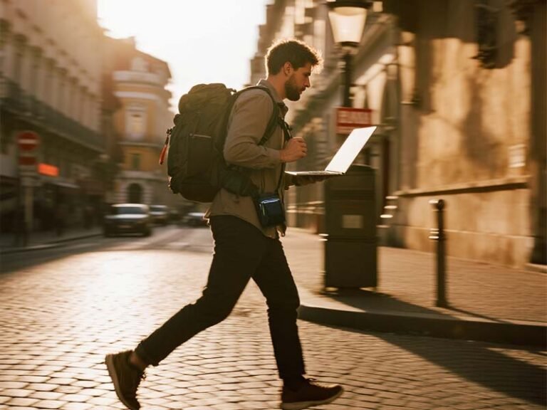 What to Pack for Europe Trip in One Backpack: 10-Day Minimalist Strategy - laptop bag Traveler walking on a cobblestone European street wearing a 35L backpack and crossbody, hands-free and mobile.