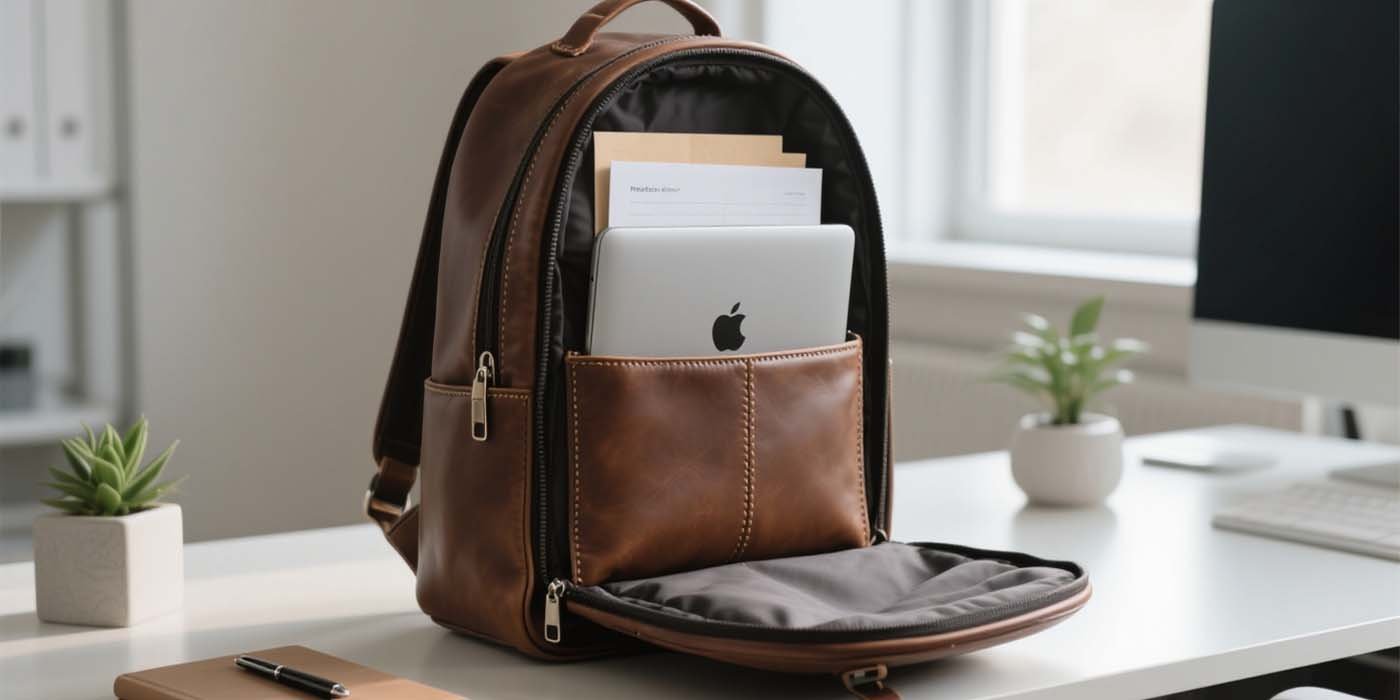 Leather laptop backpack on a modern office desk with a 15-inch MacBook and A4 folder visible.