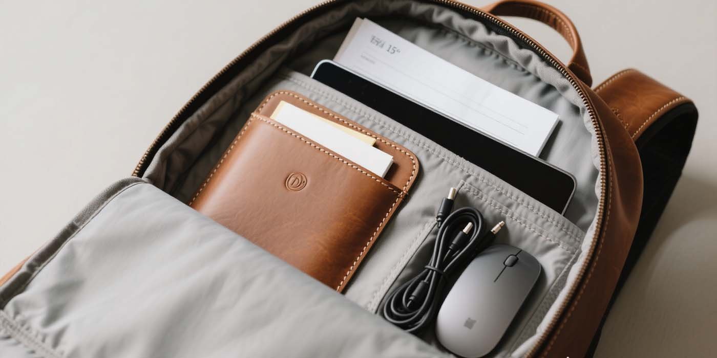 Open leather backpack interior showing padded laptop sleeve, A4 file pocket, portable mouse, and cable organizer.