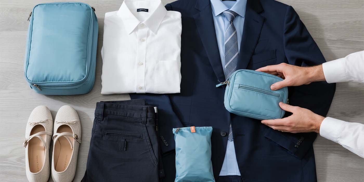 Flat-lay capsule wardrobe for Europe business trip: blazer, two non-iron shirts, two pants, foldable flats, and packing cubes.