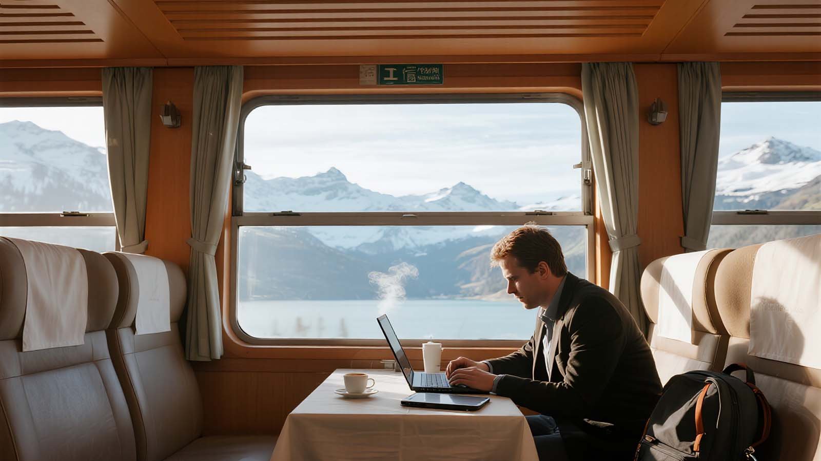 emote worker at a Glacier Express window table with panoramic alpine glacier views, laptop and coffee.