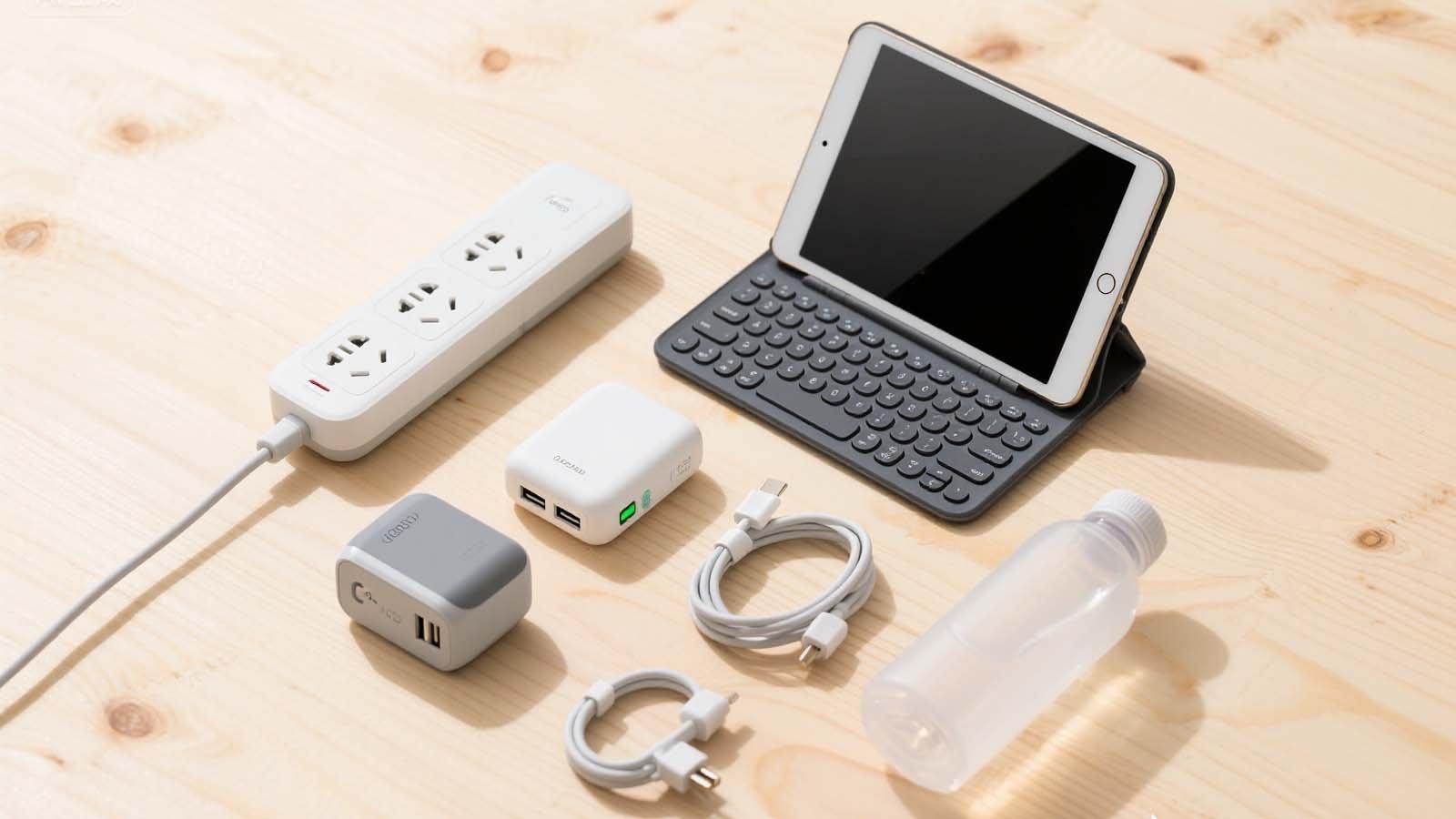 Flat-lay of train office essentials: compact power strip, tablet and Bluetooth keyboard, power bank, universal adapter, and cable organizer.
