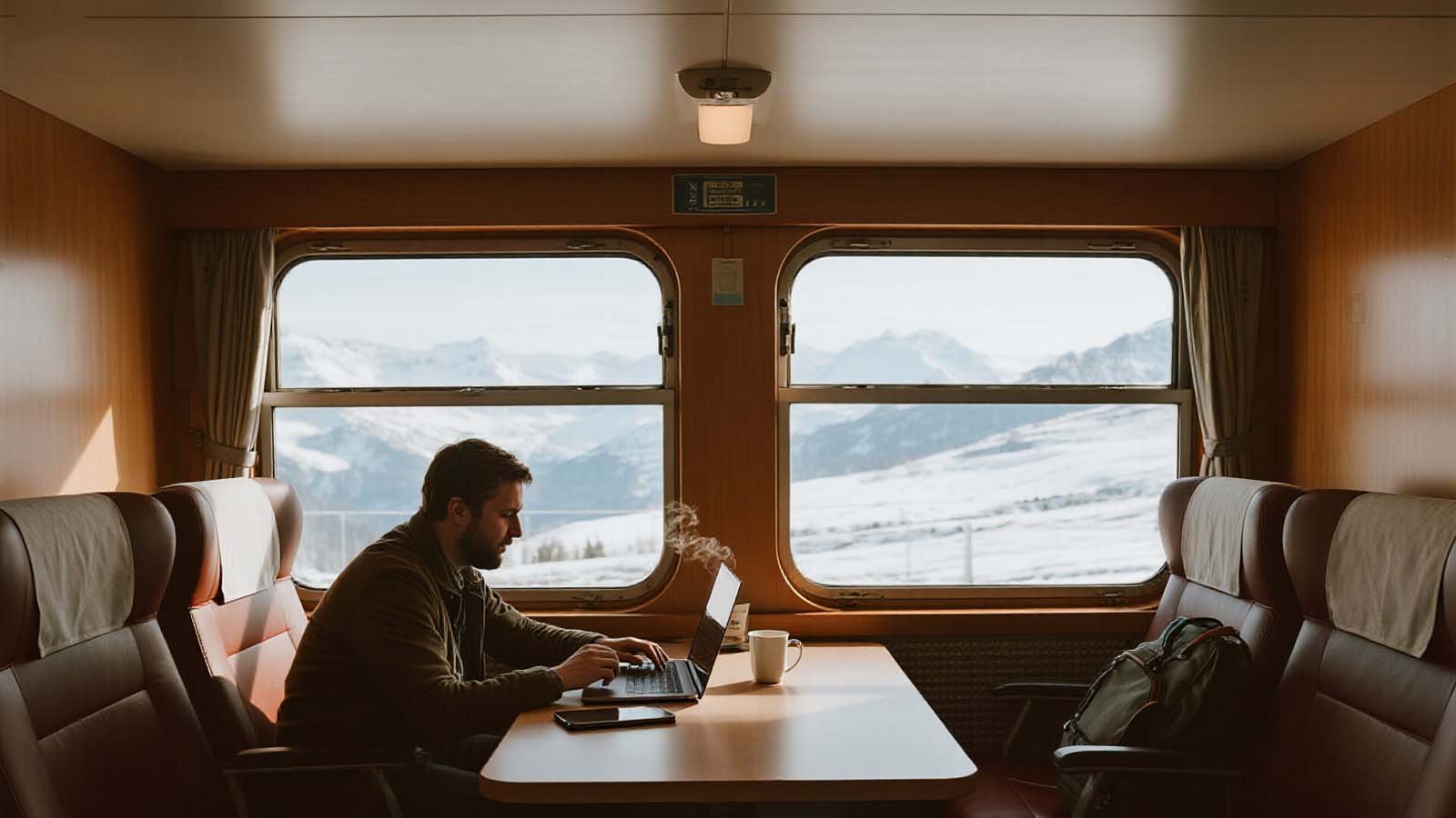 Remote worker on a European train at a window seat with tablet, Bluetooth keyboard, and reusable bottle.