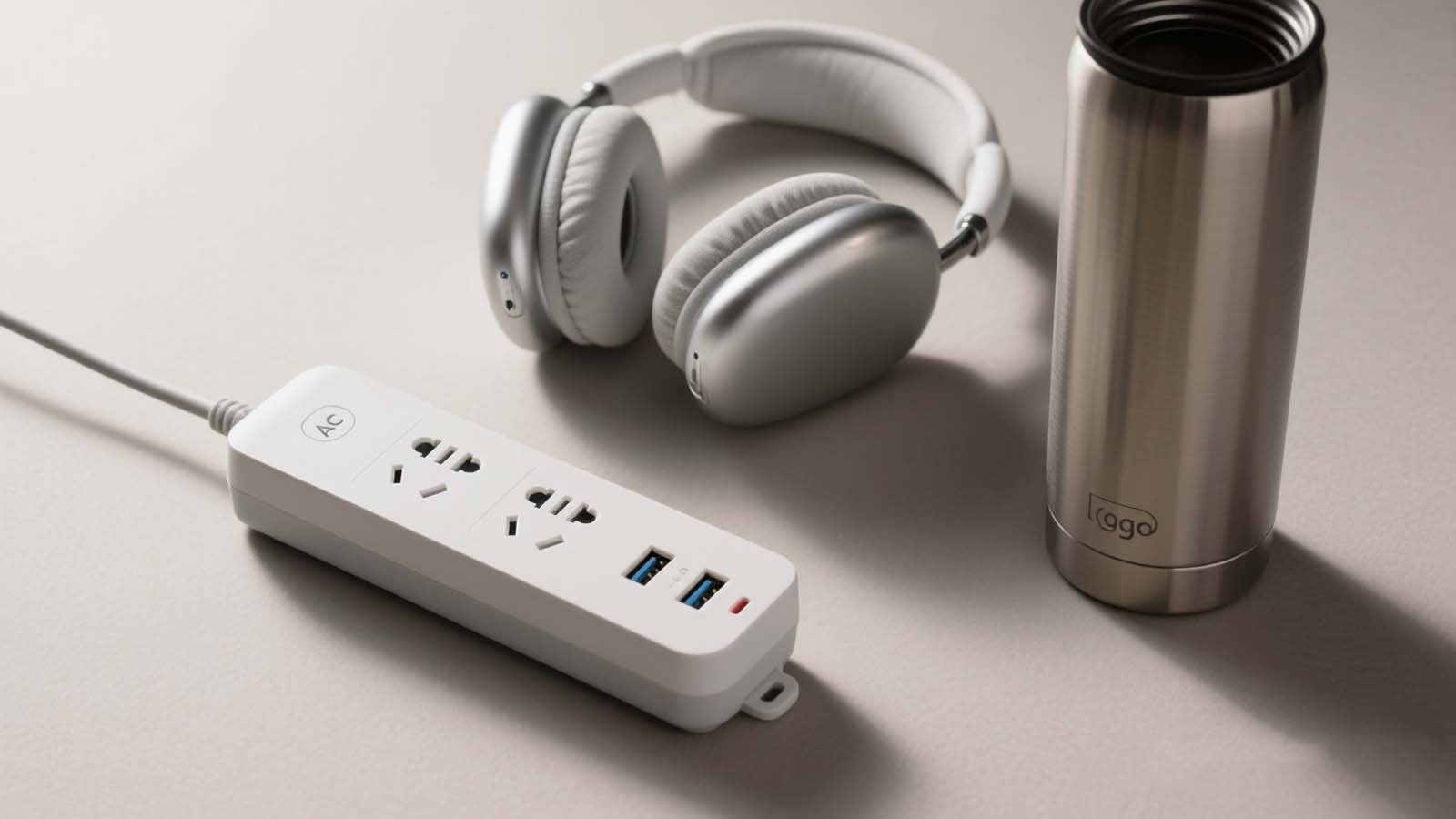 Close-up of a compact power strip converting one seat outlet into multiple USB charging ports plus noise-canceling headphones and a reusable bottle.