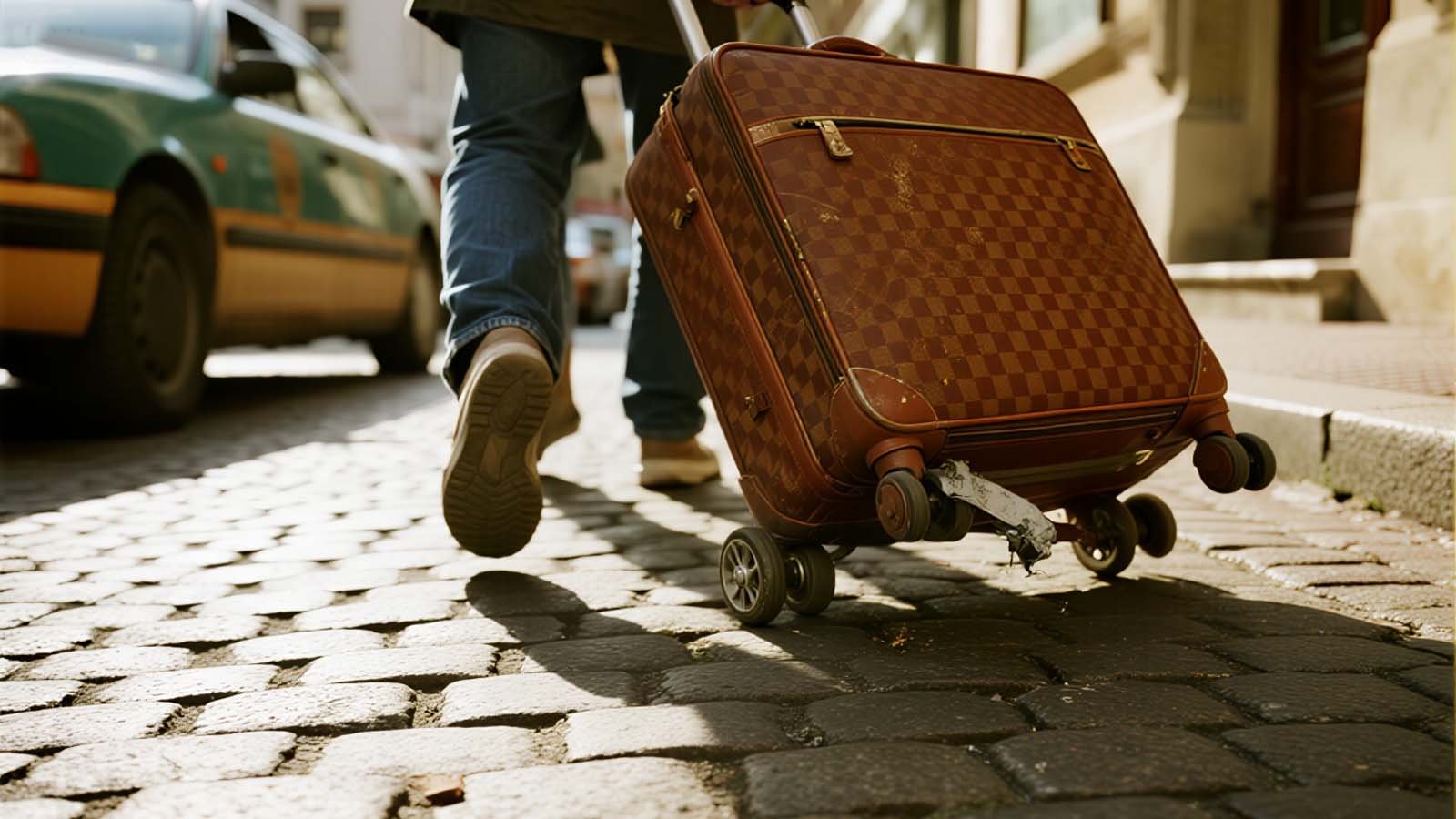 Heavy checked suitcase stuck on uneven cobblestones outside a European cafe — wheel damage and frustrated traveler.