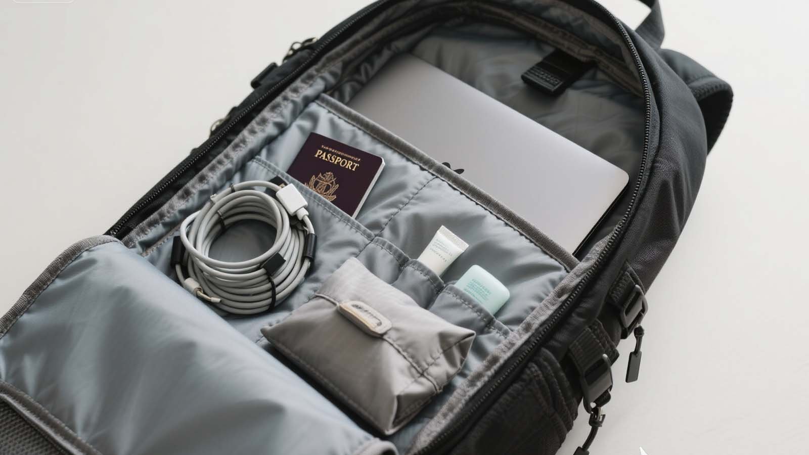 Multi-pocket laptop backpack open to show organized compartments: padded 15" sleeve, passport pocket, cable organizer, and toiletries.