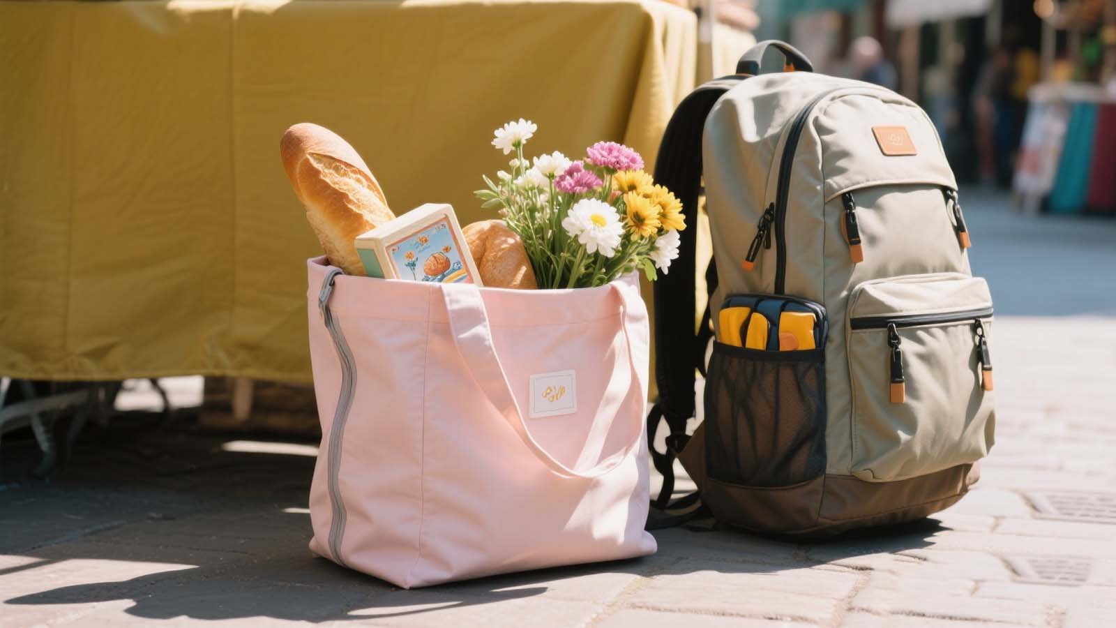 Foldable tote bag expanded and carrying market goods and souvenirs next to a packed backpack.