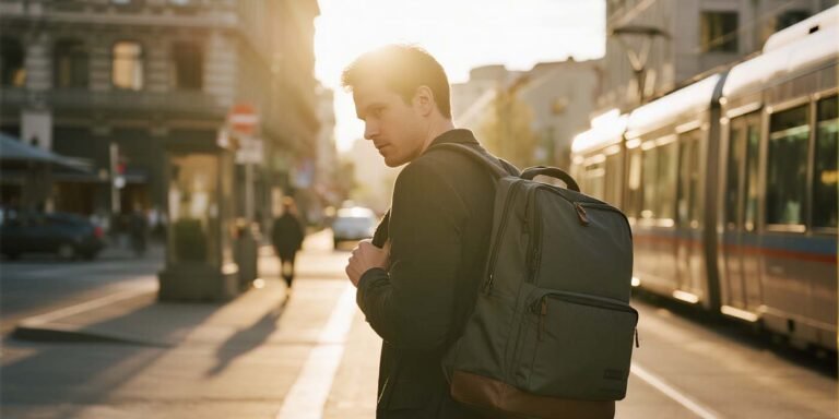 The Best 16 Inch Laptop Bag: Protection, Style, and Everyday Function - laptop bag Commuter wearing a 16 inch laptop backpack with ergonomic straps on a city street.