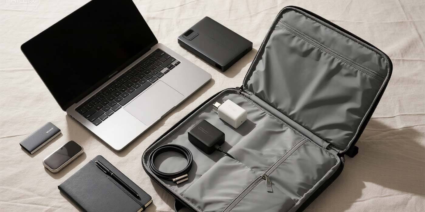 Flat-lay of a 16 inch laptop tote with cables, charger, notebook, and a water bottle.