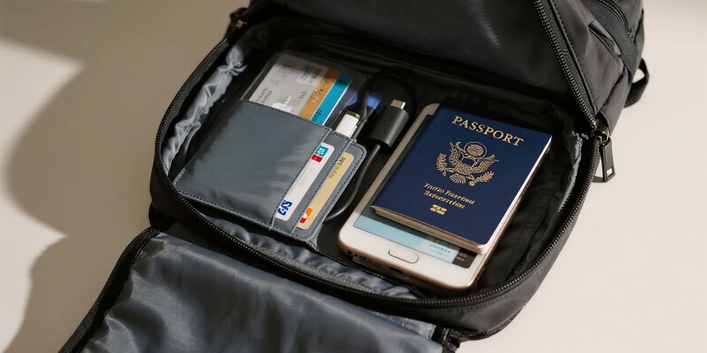 Open interior detail of a work backpack showing anti-theft pocket and RFID sleeve with passport.
