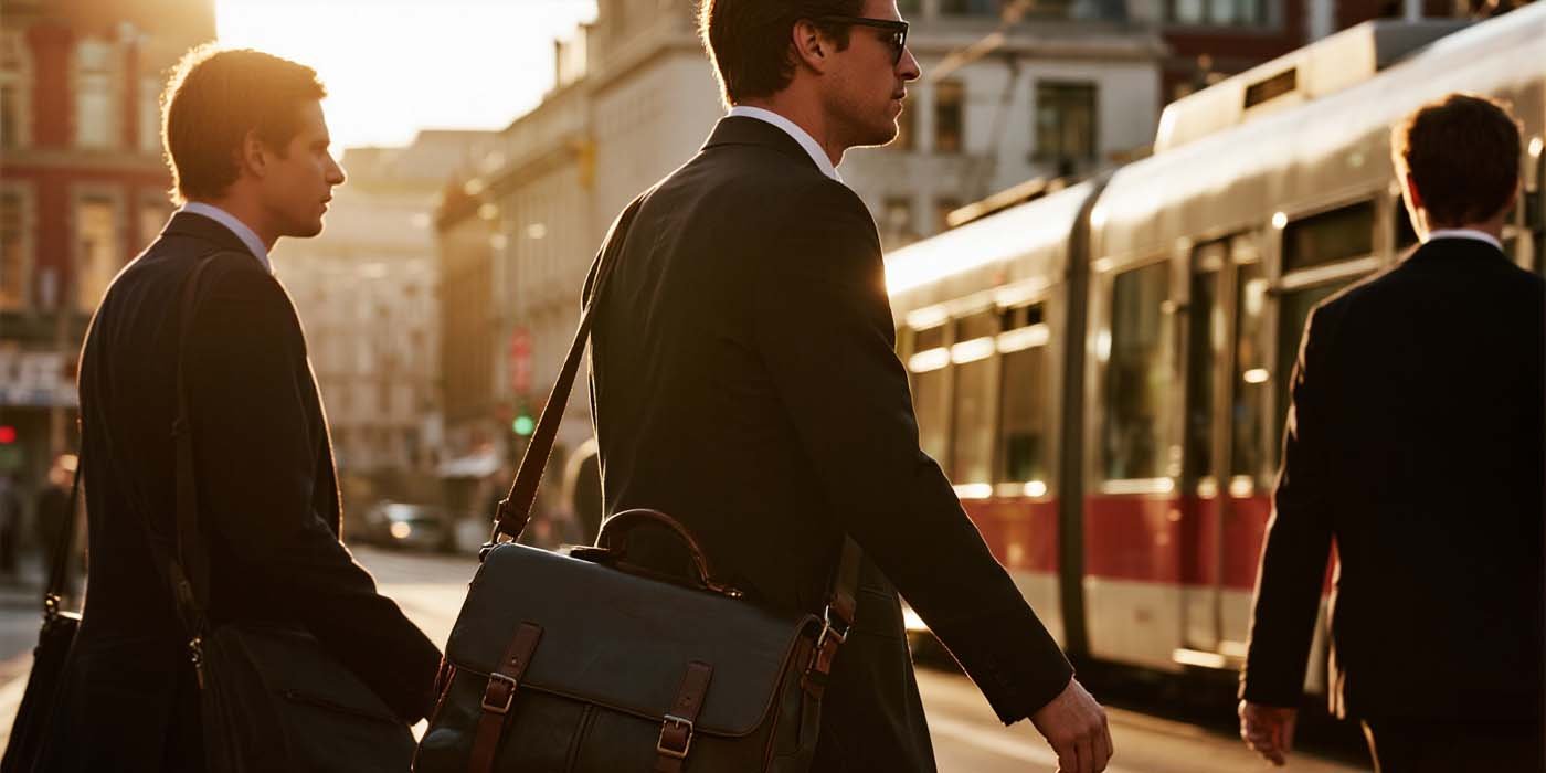 Professional commuter wearing a convertible work bag on a city street.