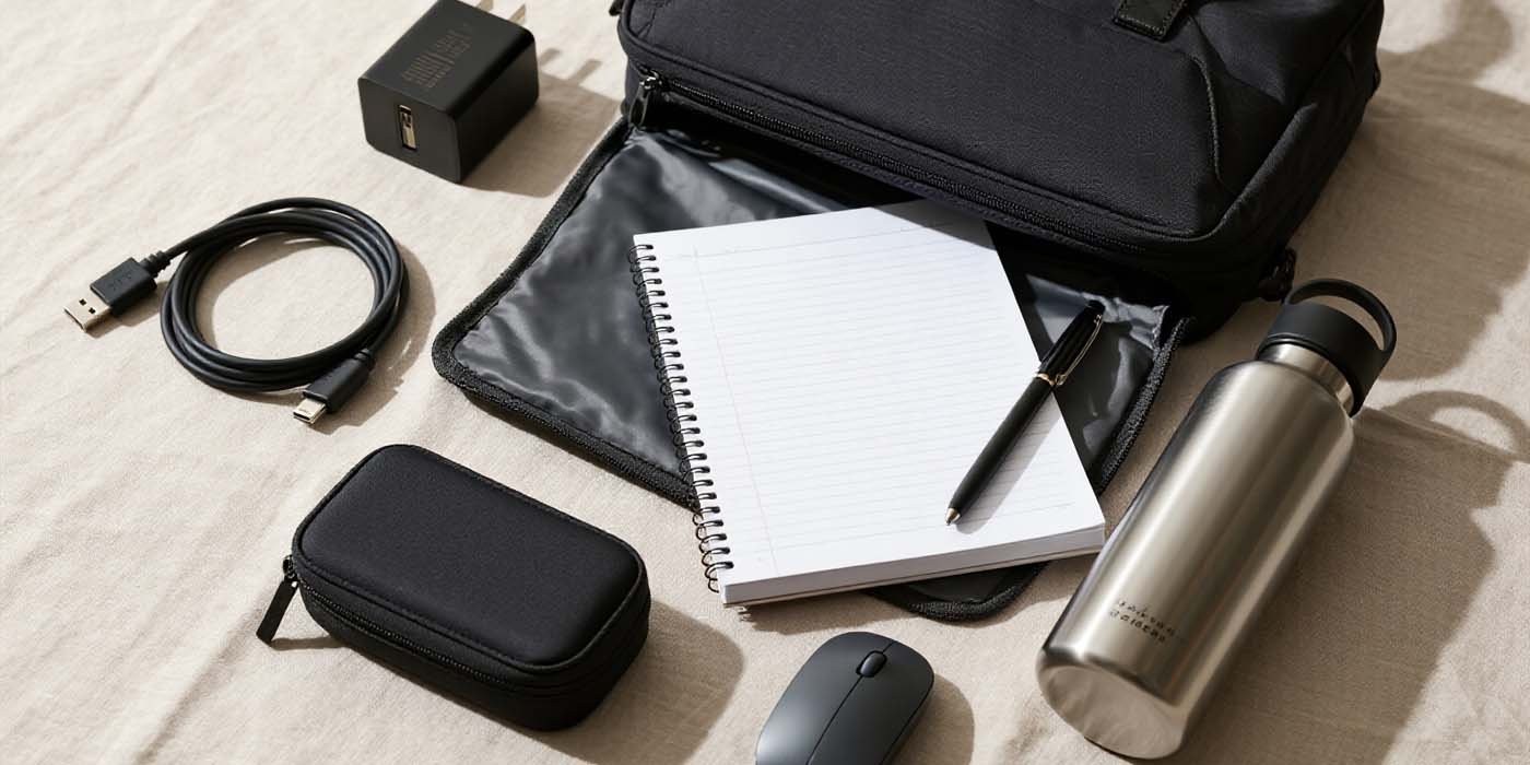Flat-lay of a work bag with charger, notebook, reusable bottle, and pen organizer.