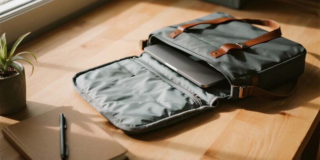 The Complete Work Bag Guide — Chic, Useful, and Designed for Your Day - laptop bag Charcoal waterproof work bag open showing a padded 15-inch laptop sleeve.