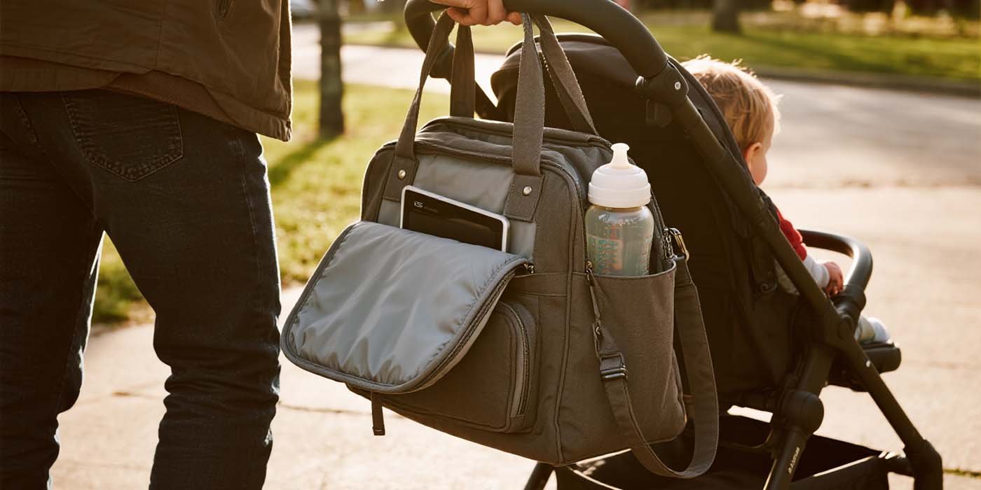 Parent-friendly work bag on a stroller hook with insulated bottle pocket and wipeable lining.
