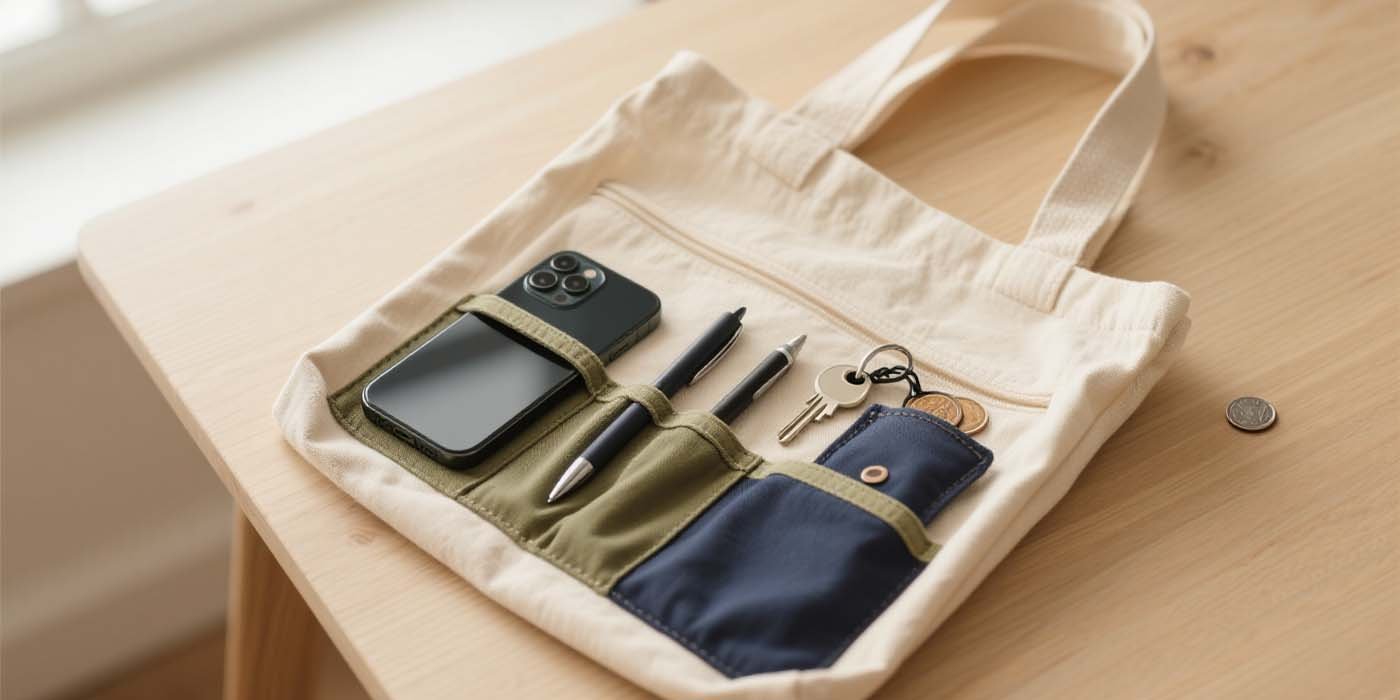 The Clever Way to Arrange Your Daily Carry with a Bag-in-Tote - laptop bag Multi-pocket tote organizer insert inside a canvas tote, showing phone, pens, and keys.