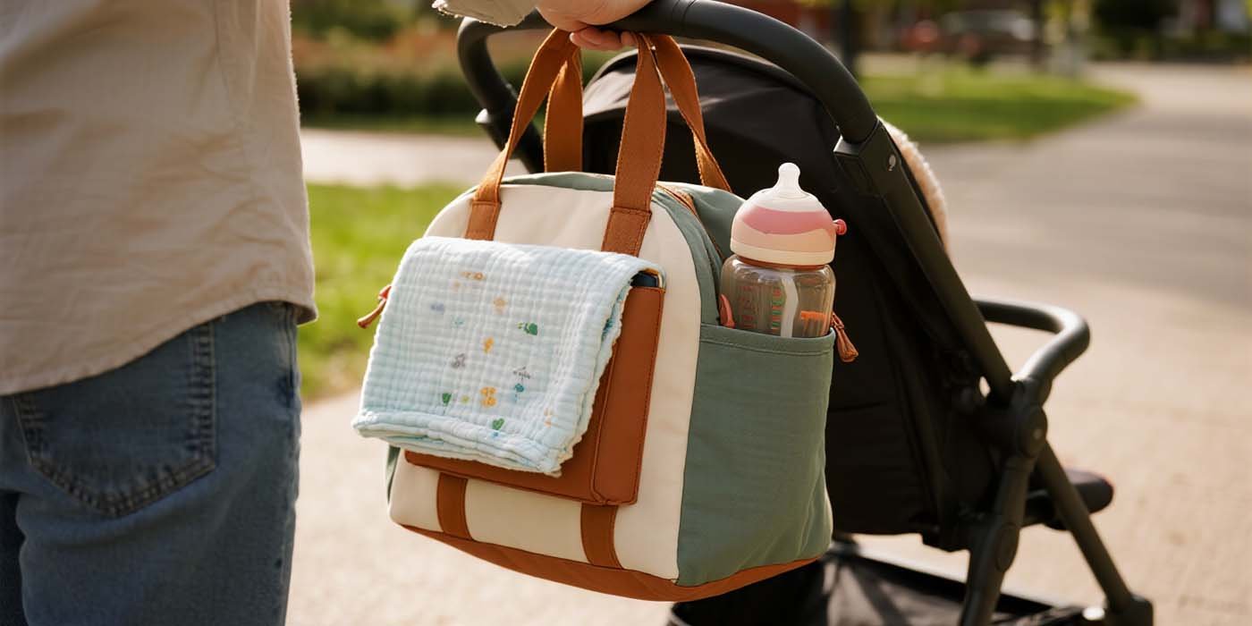 The Clever Way to Arrange Your Daily Carry with a Bag-in-Tote - laptop bag Parent-friendly wipeable liner with insulated bottle pocket and change mat inside a tote on a stroller hook.