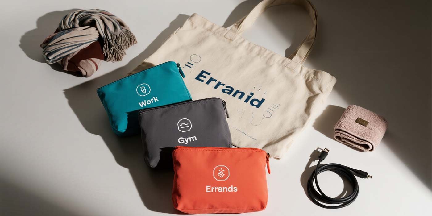 The Clever Way to Arrange Your Daily Carry with a Bag-in-Tote - laptop bag Three color-coded inserts (work, gym, errands) lined up next to a tote to show quick-swap kits.