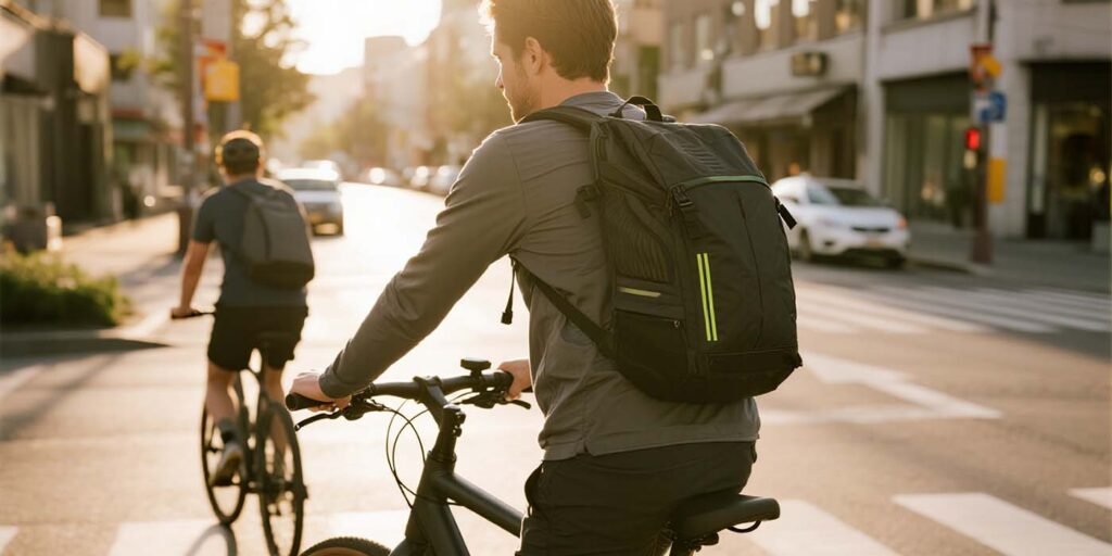 Cyclist wearing an ergonomic laptop backpack with ventilated back panel and sternum strap.
