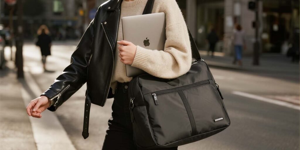 Woman holding a stylish waterproof laptop bag for women with padded laptop sleeve visible" Caption: "A waterproof laptop bag for women combines protection with classic style — ideal for city commuters