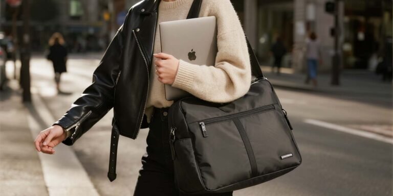 laptop bag for women: what to look for and 7 top picks - laptop bag Woman holding a stylish waterproof laptop bag for women with padded laptop sleeve visible" Caption: "A waterproof laptop bag for women combines protection with classic style — ideal for city commuters