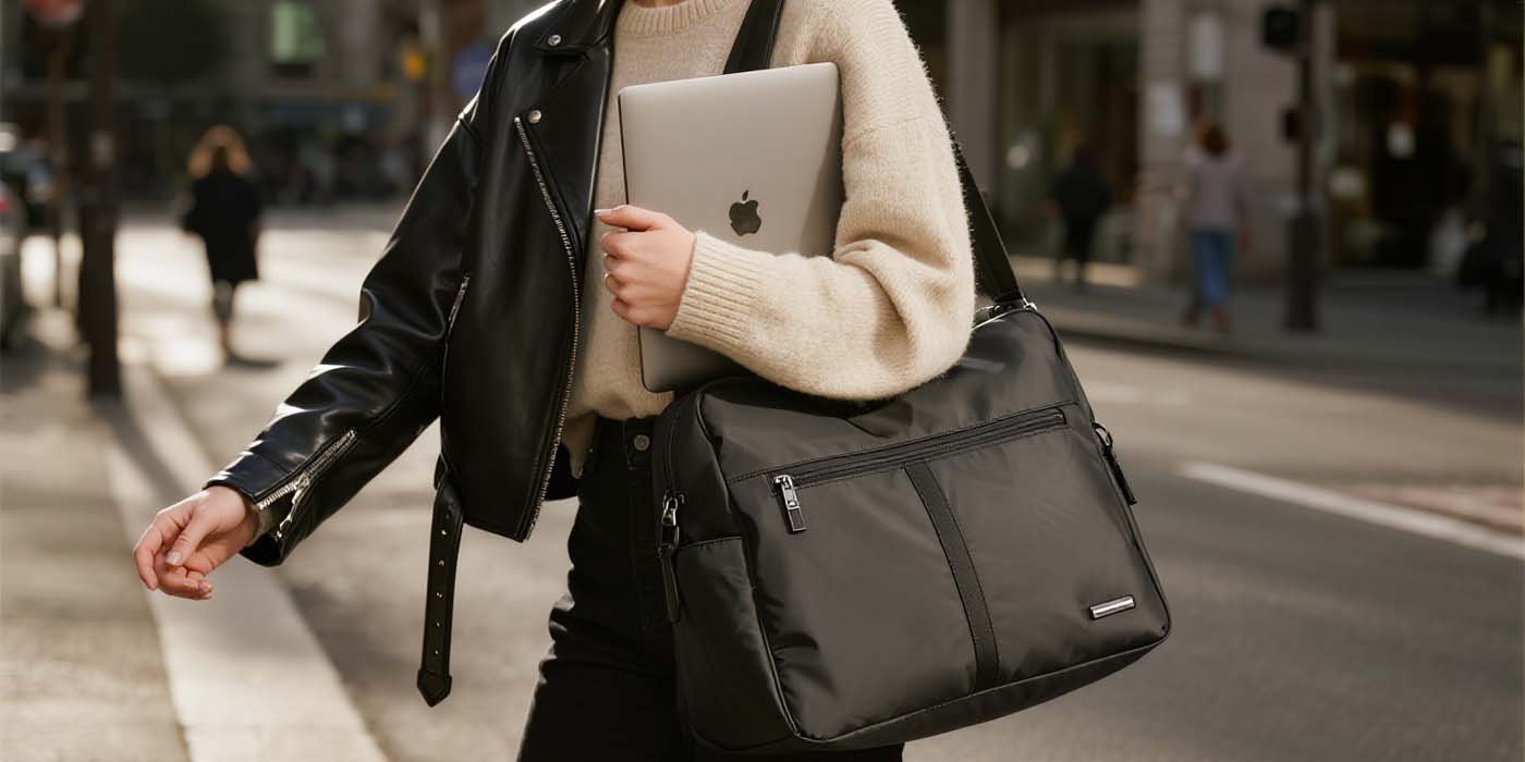 laptop bag for women: what to look for and 7 top picks - laptop bag Woman holding a stylish waterproof laptop bag for women with padded laptop sleeve visible" Caption: "A waterproof laptop bag for women combines protection with classic style — ideal for city commuters