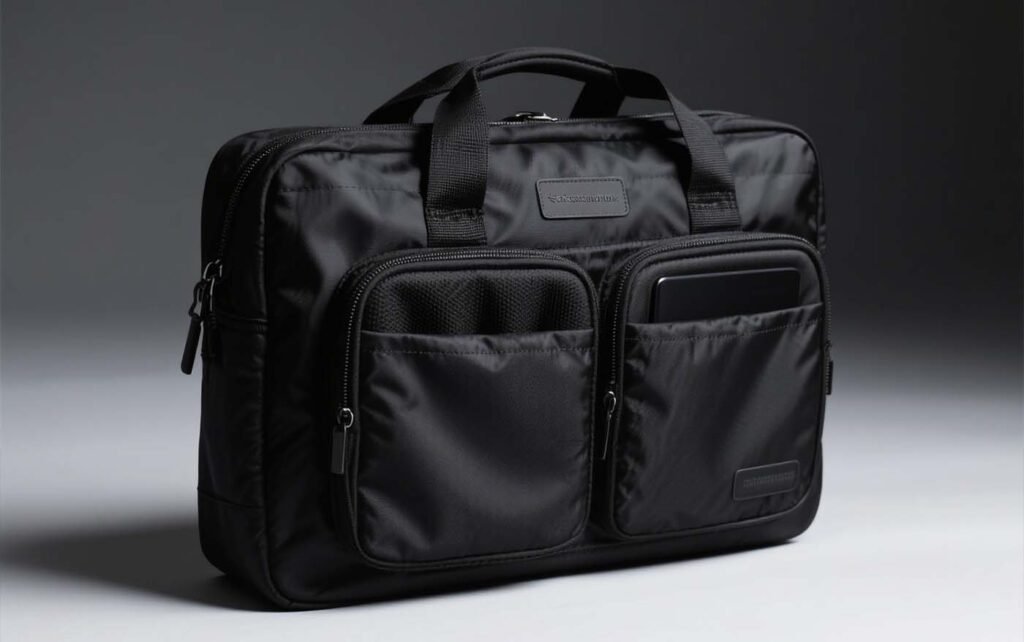 Black waterproof laptop bag with padded sleeve and multiple compartments