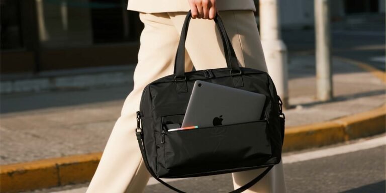 Laptop Bags For Women: How to choose the perfect everyday companion - laptop bag woman carrying a black waterproof laptop bag with padded laptop sleeve and organizer pockets