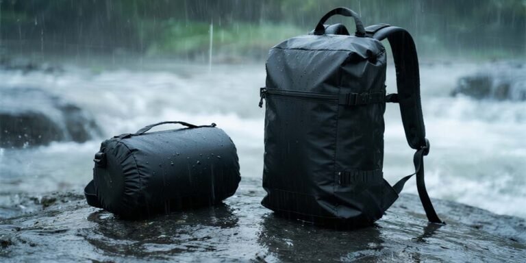 Waterproof Bags: How to choose the right one - laptop bag waterproof bags: roll-top dry bag and waterproof backpack on wet rocks