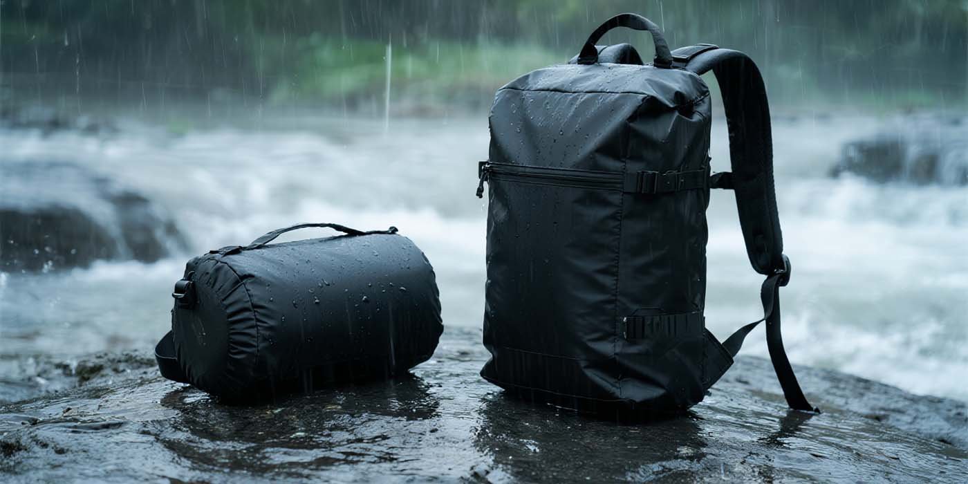 Waterproof Bags: How to choose the right one - laptop bag waterproof bags: roll-top dry bag and waterproof backpack on wet rocks