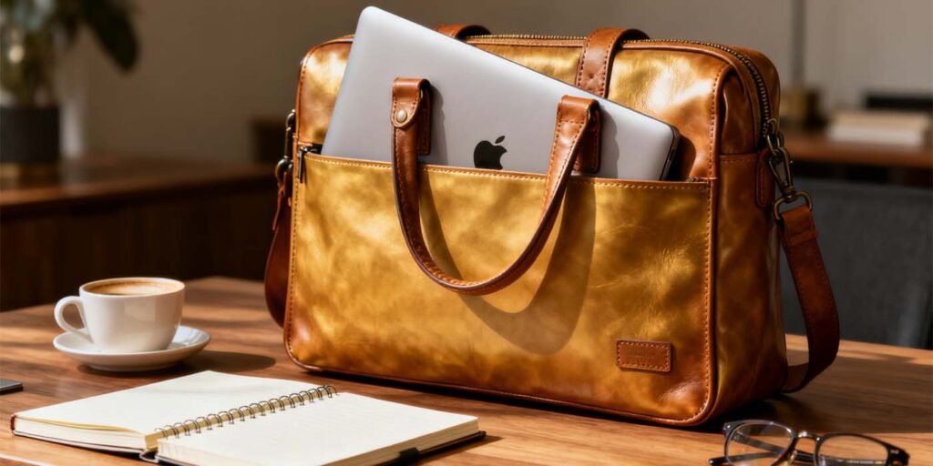 Professional leather laptop bag with MacBook and office accessories