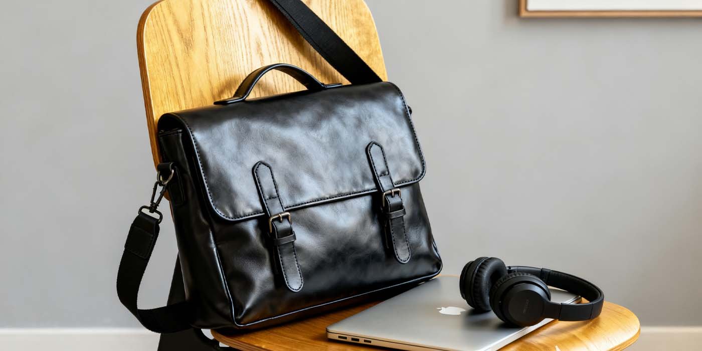 The Ultimate Guide to Choosing the Perfect Leather Laptop Bag - laptop bag Black leather laptop messenger bag with shoulder strap in workspace setting