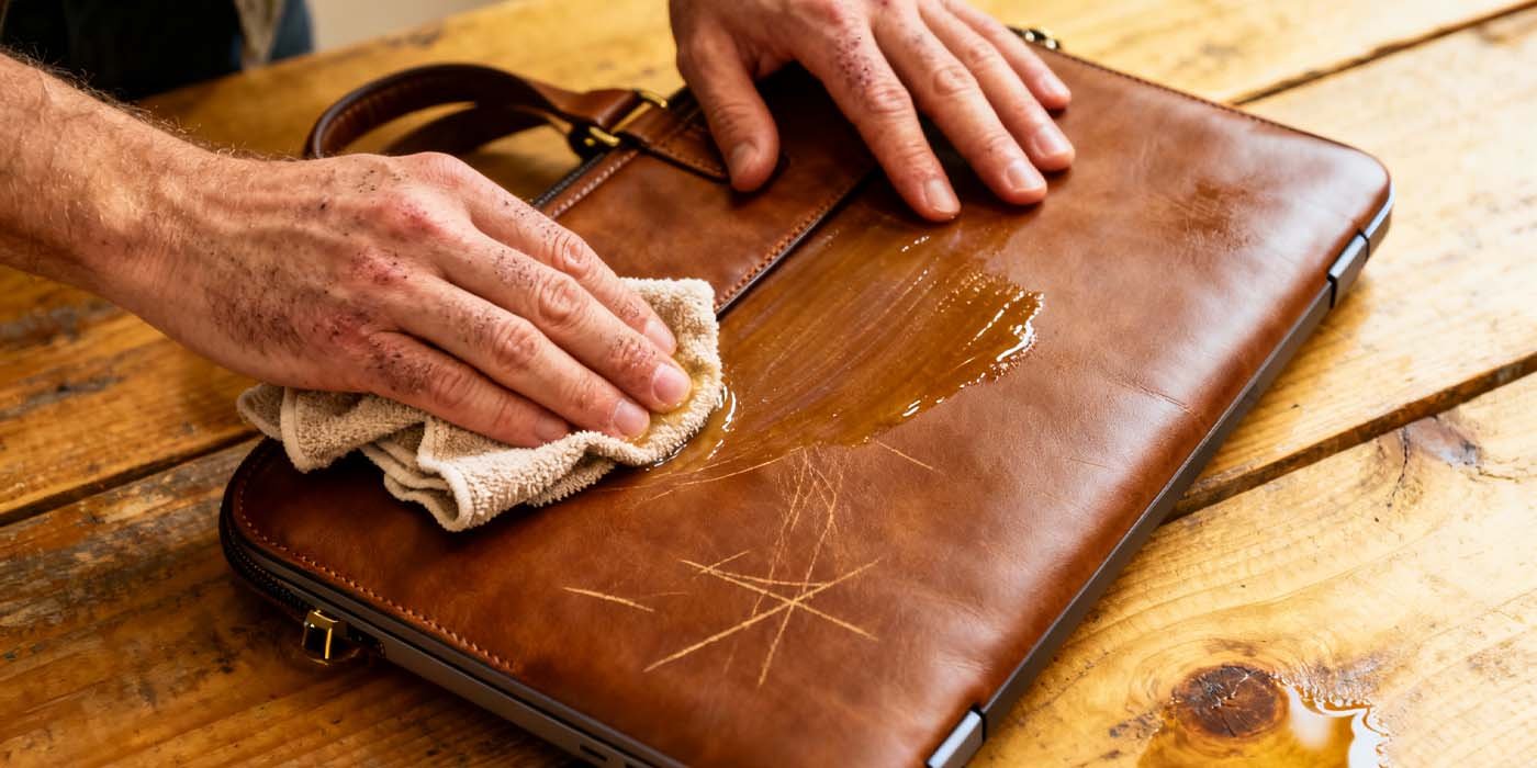 The Ultimate Guide to Choosing the Perfect Leather Laptop Bag - laptop bag Hands applying leather conditioner to a brown laptop bag for maintenance