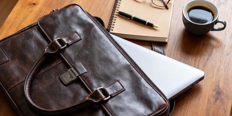 The Ultimate Office Bag Guide: Finding Your Perfect Professional Companion - laptop bag Editorial flat-lay of a professional office bag with laptop and office accessories