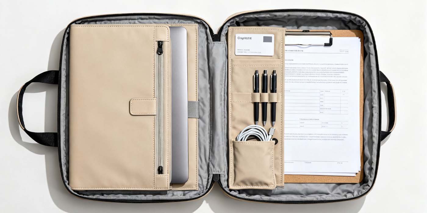 The Ultimate Office Bag Guide: Finding Your Perfect Professional Companion - laptop bag Open office bag flat-lay showing laptop sleeve, document pockets and organized compartments