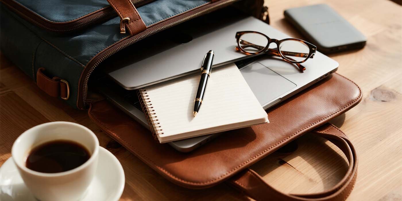 The Complete Computer Bag Guide: Protecting Your Technology Investment - laptop bag Professional computer bag with laptop and office accessories on wooden desk