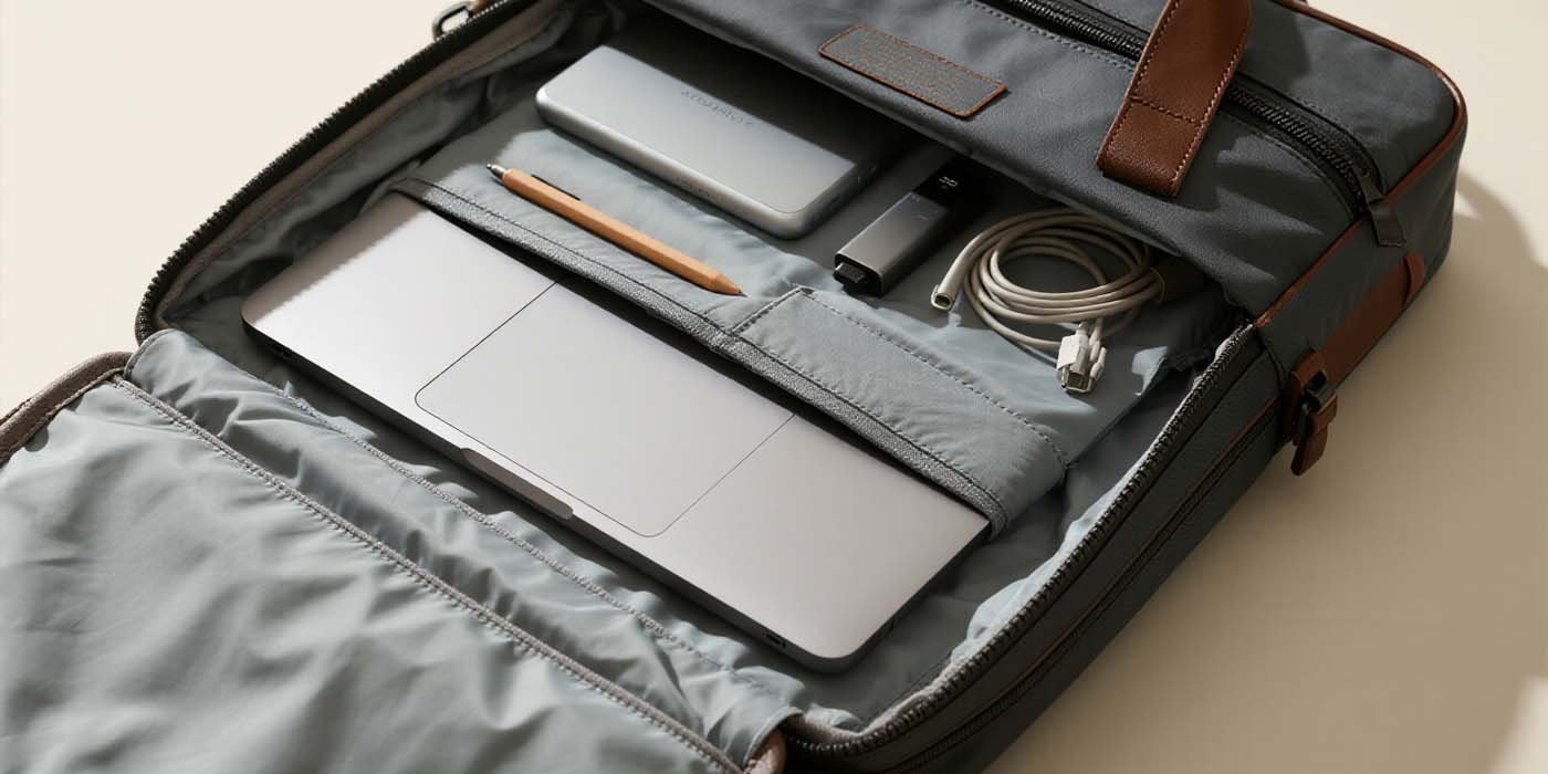 The Complete Computer Bag Guide: Protecting Your Technology Investment - laptop bag Open computer bag flat-lay showing laptop sleeve, document pockets and organized compartments