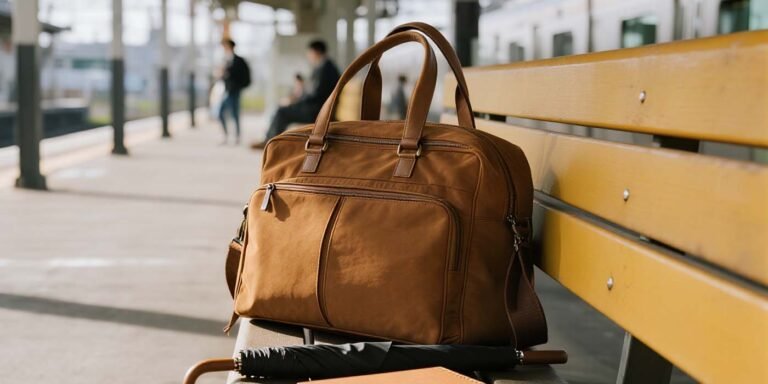 The Complete Computer Bag Guide: Protecting Your Technology Investment - laptop bag Tan convertible computer tote bag with handles and shoulder strap on commuter bench