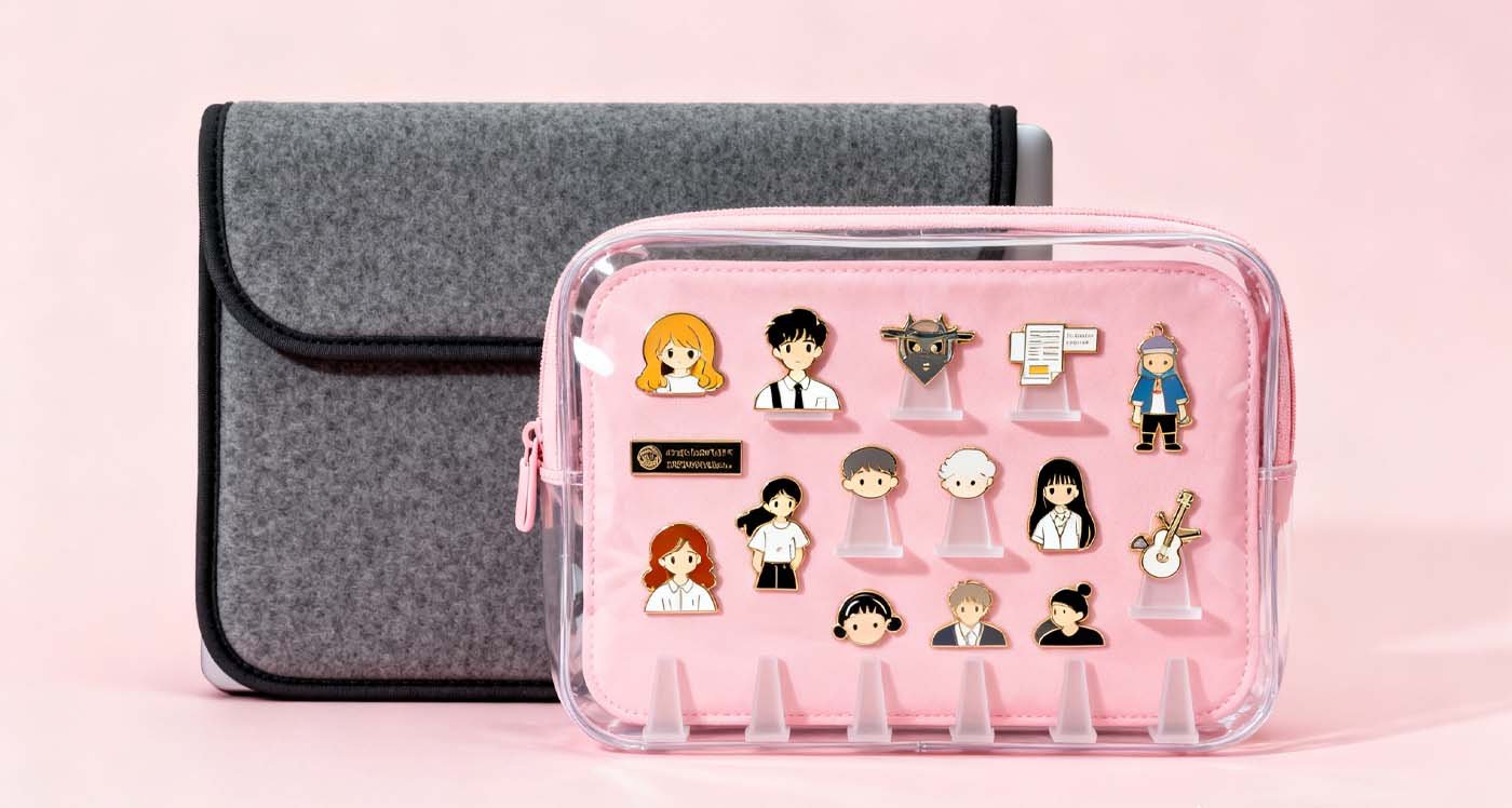 Personalised Laptop Bag: Why Choose One And 7 Stylish Options - laptop bag ita-style personalized laptop bag clear window showing pins and acrylics with hidden padded laptop insert inside